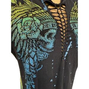 RARE!!!! BLACK LABEL "AFFLICTION" Double Skull Rhinestone & Cut Outs SZ L SEXY!!